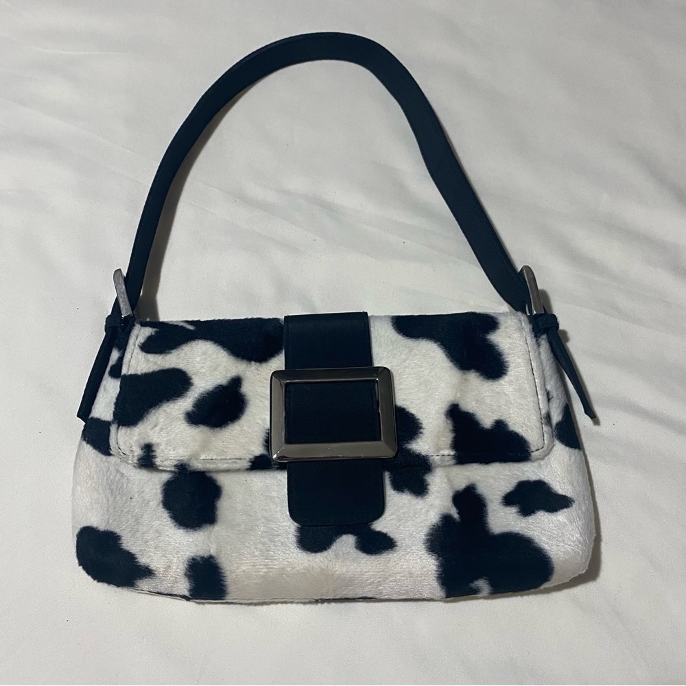 Ladies shoulder bag black and white hairy cow print